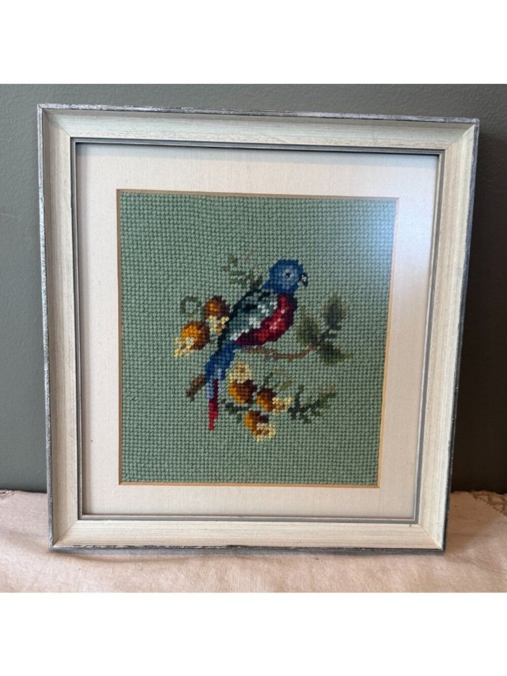 Framed Vintage Needlepoint Parrot Art | Colorful Bird Needlework Wall Decor